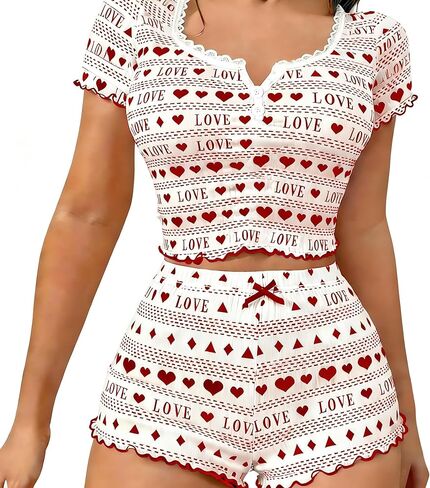 SGYHO Valentines Day Pajamas Set for Women Lace Trim Cami Top & Shorts Sleepwear Love Heart Graphic Romantic Nightwear in Saudi Arabia