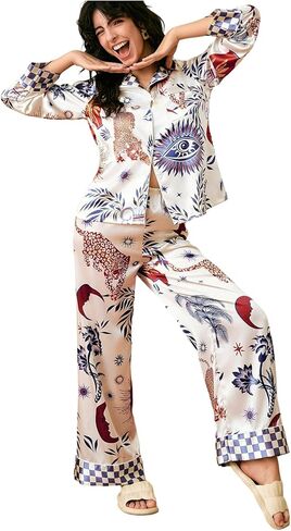 MAKEMECHIC Women's 2 Piece Valentines Pajamas Sets Cheetah Print Collared Shirt and Pants PJ Satin Silk Set in Saudi Arabia