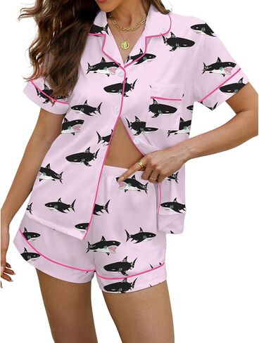 PUNINGXS بيجامة نسائية كاجوال مع قميص مطبوع بأكمام قصيرة وأزرار سفلية وشورت Pjs Loungewear Set in Saudi Arabia