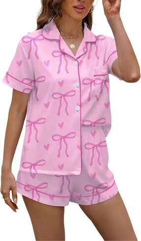 PUNINGXS بيجامة نسائية كاجوال مع قميص مطبوع بأكمام قصيرة وأزرار سفلية وشورت Pjs Loungewear Set in Saudi Arabia