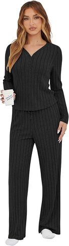 أطقم بيجامات نسائية مكونة من قطعتين من بيجامات صالة غير رسمية متماسكة مضلعة وأكمام طويلة in Kuwait