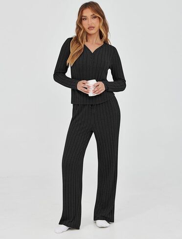 أطقم بيجامات نسائية مكونة من قطعتين من بيجامات صالة غير رسمية متماسكة مضلعة وأكمام طويلة in Kuwait