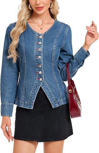 Women's Denim Shirt Long Sleeve Button Down Collarless V-Neck Slim Fit Jean Jacket Denim Top in Saudi Arabia