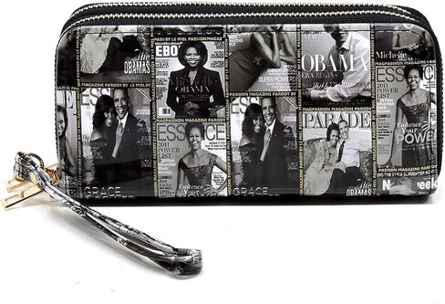 Amy&Joey Glossy magazine cover collage Michelle Obama printed large capacity zipper wallets with wrist band (Picture #02-BK) in Saudi Arabia