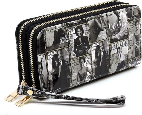 Amy&Joey Glossy magazine cover collage Michelle Obama printed large capacity zipper wallets with wrist band (Picture #02-BK) in Saudi Arabia