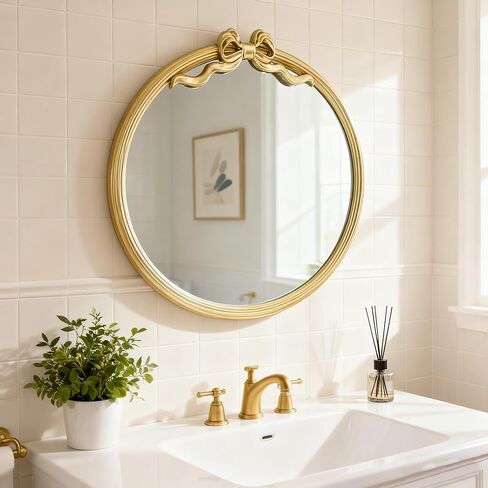 15.75" Gold Bow Decorative Round Mirror, Metal Frame Hanging Circle Mirror, Wall Mounted for Entryway, Bathroom, Vanity, Living Room in Saudi Arabia