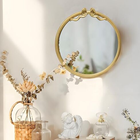 15.75" Gold Bow Decorative Round Mirror, Metal Frame Hanging Circle Mirror, Wall Mounted for Entryway, Bathroom, Vanity, Living Room in Saudi Arabia
