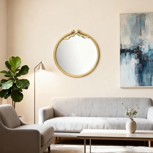 15.75" Gold Bow Decorative Round Mirror, Metal Frame Hanging Circle Mirror, Wall Mounted for Entryway, Bathroom, Vanity, Living Room in Saudi Arabia