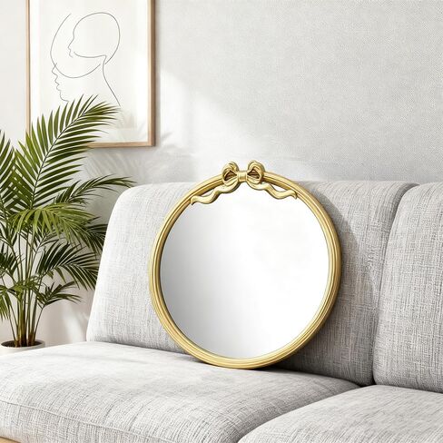 15.75" Gold Bow Decorative Round Mirror, Metal Frame Hanging Circle Mirror, Wall Mounted for Entryway, Bathroom, Vanity, Living Room in Saudi Arabia