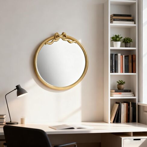 15.75" Gold Bow Decorative Round Mirror, Metal Frame Hanging Circle Mirror, Wall Mounted for Entryway, Bathroom, Vanity, Living Room in Saudi Arabia