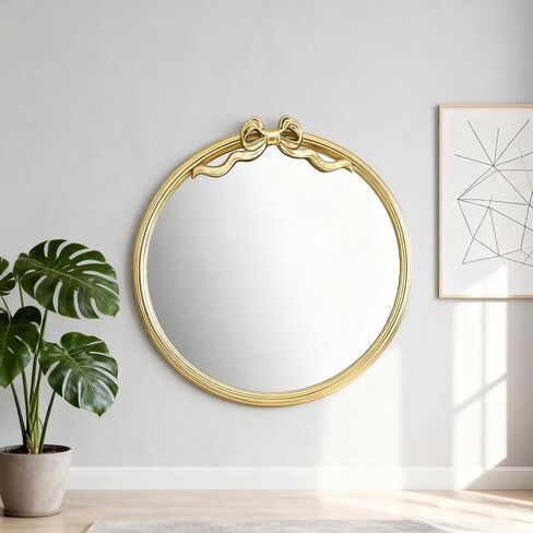 15.75" Gold Bow Decorative Round Mirror, Metal Frame Hanging Circle Mirror, Wall Mounted for Entryway, Bathroom, Vanity, Living Room in Saudi Arabia