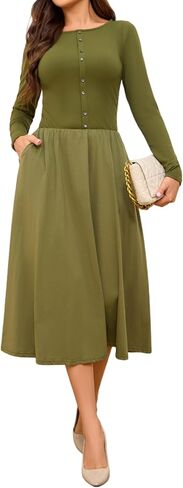 Ystguic Women's 2026 Spring Long Sleeve Knit Button A Line Swing Flare Dress with Pockets in Saudi Arabia