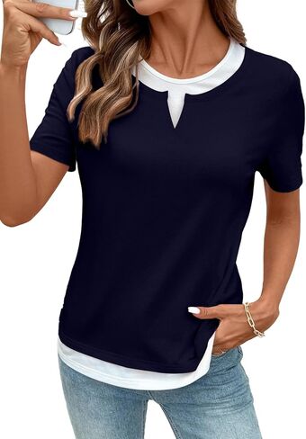 SHEWIN Womens Tops Casual Crewneck Color Block Short Sleeve Mock Double Layer T-Shirt Summer Outfits for Women 2026 in Saudi Arabia