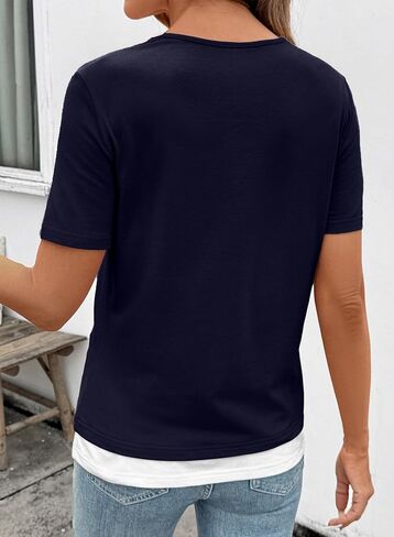 SHEWIN Womens Tops Casual Crewneck Color Block Short Sleeve Mock Double Layer T-Shirt Summer Outfits for Women 2026 in Saudi Arabia