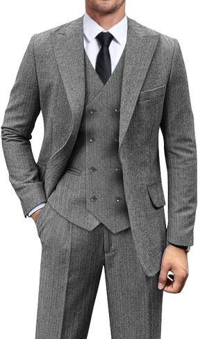 دعاوى عتيقة Tweed Herringbone للرجال 2 زر رفيع النحافة 3 قطعة من الصوف الرسمي بدلة السترة سترة السراويل الرجال in Kuwait
