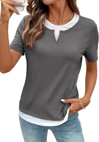 SHEWIN Womens Tops Casual Crewneck Color Block Short Sleeve Mock Double Layer T-Shirt Summer Outfits for Women 2026 in Saudi Arabia
