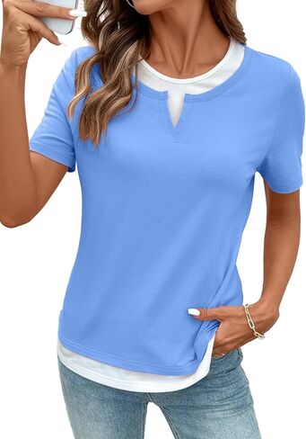 SHEWIN Womens Tops Casual Crewneck Color Block Short Sleeve Mock Double Layer T-Shirt Summer Outfits for Women 2026 in Saudi Arabia