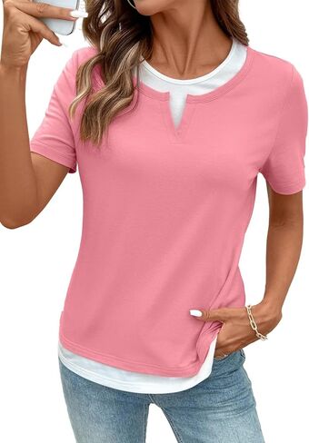 SHEWIN Womens Tops Casual Crewneck Color Block Short Sleeve Mock Double Layer T-Shirt Summer Outfits for Women 2026 in Saudi Arabia