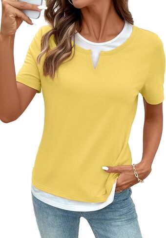SHEWIN Womens Tops Casual Crewneck Color Block Short Sleeve Mock Double Layer T-Shirt Summer Outfits for Women 2026 in Saudi Arabia