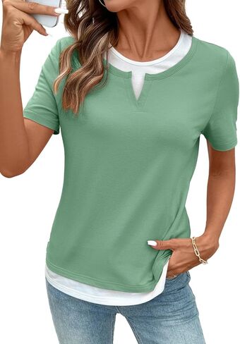 SHEWIN Womens Tops Casual Crewneck Color Block Short Sleeve Mock Double Layer T-Shirt Summer Outfits for Women 2026 in Saudi Arabia