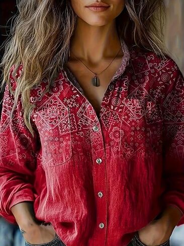 Women's Casual Commuter Shirt, Western Ethnic Style, Geometric Print, Long Sleeve in Saudi Arabia