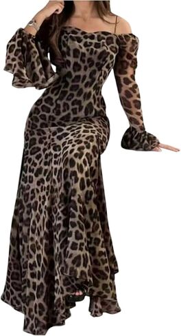 GORGLITTER Women's Cheetah Print Dress Off The Shoulder Long Sleeve A Line Elegant Party Cocktail Bodycon Maxi Dresses in Saudi Arabia