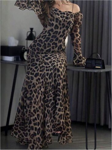 GORGLITTER Women's Cheetah Print Dress Off The Shoulder Long Sleeve A Line Elegant Party Cocktail Bodycon Maxi Dresses in Saudi Arabia