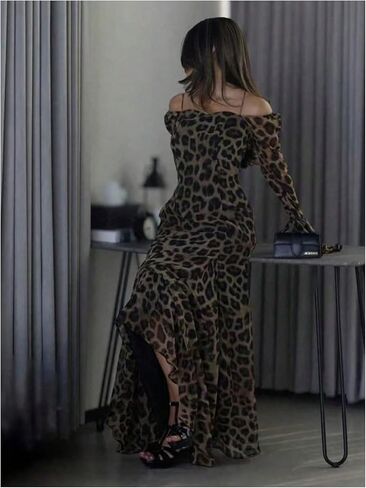 GORGLITTER Women's Cheetah Print Dress Off The Shoulder Long Sleeve A Line Elegant Party Cocktail Bodycon Maxi Dresses in Saudi Arabia