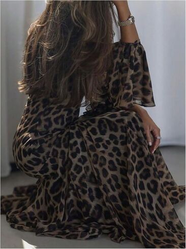 GORGLITTER Women's Cheetah Print Dress Off The Shoulder Long Sleeve A Line Elegant Party Cocktail Bodycon Maxi Dresses in Saudi Arabia