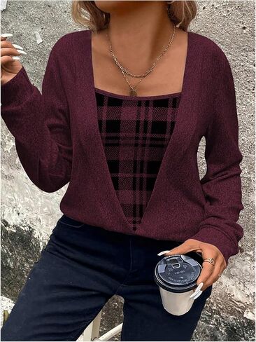 Floerns Women's Plus Size Plaid Blouse Wrap Square Neck Long Sleeve Business Casual Tops in Saudi Arabia