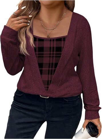 Floerns Women's Plus Size Plaid Blouse Wrap Square Neck Long Sleeve Business Casual Tops in Saudi Arabia
