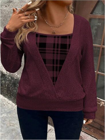 Floerns Women's Plus Size Plaid Blouse Wrap Square Neck Long Sleeve Business Casual Tops in Saudi Arabia