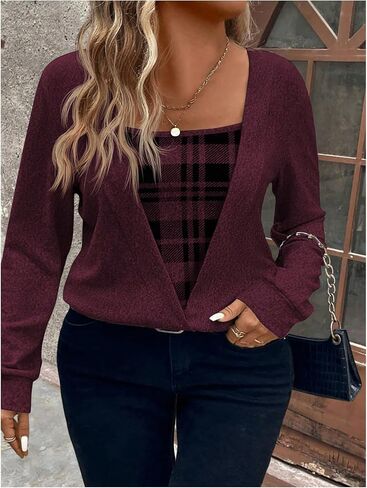 Floerns Women's Plus Size Plaid Blouse Wrap Square Neck Long Sleeve Business Casual Tops in Saudi Arabia