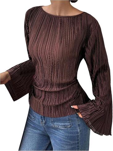 SOLY HUX Women's Long Bell Sleeve Top Textured Tie Back Elegant Blouse Work Office Shirts in Saudi Arabia