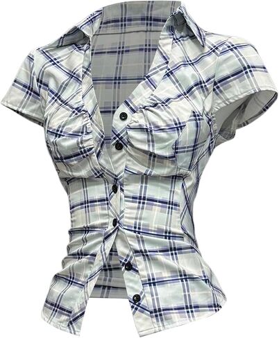 Milumia Women's Y2k Plaid Button Down Shirt Collared V Neck Short Sleeve Blouse Tops in Saudi Arabia