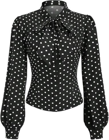 SweatyRocks Women's Tie Neck Bishop Long Sleeve Polka Dots Fitted Cropped Work Shirt Top Blouses in Saudi Arabia