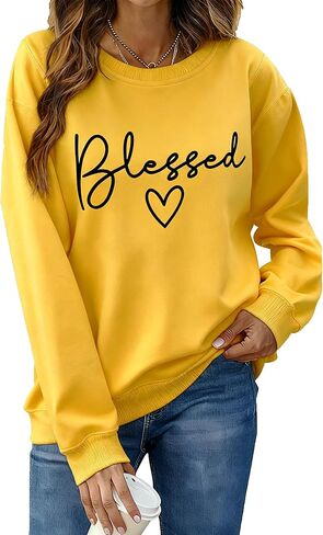 BEBNKGK Women Blessed Sweatshirt Heart-Shaped Letter Print Pullover Tops Crew-Neck Sweatshirt Thanksgiving in Saudi Arabia