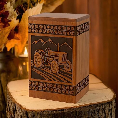 Tractor Wooden Cremation Urn for Human Ashes Adult – Handcrafted Rosewood Memorial Urn Box with Tractor Engraving (Design 1, (Large - 11.25" Hx6.25 W (250 Cu/in)) in Saudi Arabia