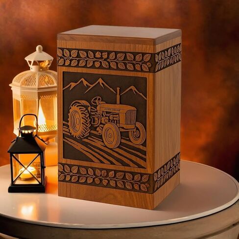 Tractor Wooden Cremation Urn for Human Ashes Adult – Handcrafted Rosewood Memorial Urn Box with Tractor Engraving (Design 1, (Large - 11.25" Hx6.25 W (250 Cu/in)) in Saudi Arabia