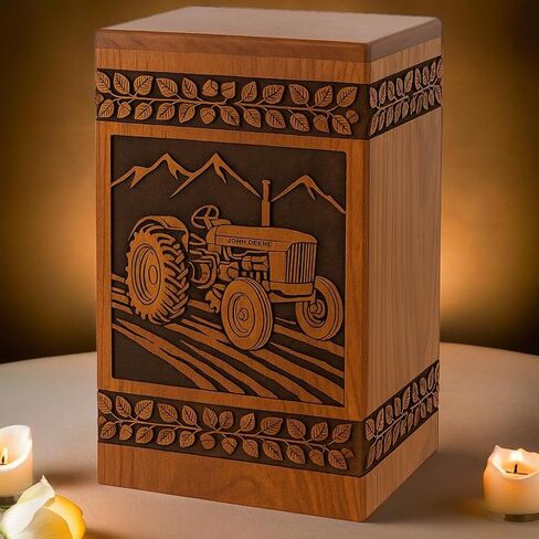 Tractor Wooden Cremation Urn for Human Ashes Adult – Handcrafted Rosewood Memorial Urn Box with Tractor Engraving (Design 1, (Large - 11.25" Hx6.25 W (250 Cu/in)) in Saudi Arabia