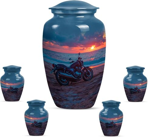 KARYLIZ Motorcycle Urns for Human Ashes - Sunset Blue Mini Keepsake for Ashes - Biker Urn - Small Decorative Keepsake for Dad - Cremation Urn - Mini Urns for Adult Male Set of 5, 10 Inch & 3 Inch in Saudi Arabia