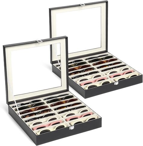 Sunglasses Organizer Case with 16 Adjustable Slots, Eyeglasses Display with Lid, Eyewear Storage Box for Large Glasses in Kuwait