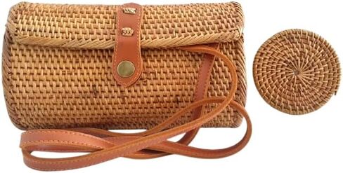 Authentic Handmade Rattan Bali Indonesia Women Beach Hobo Shoulder Bag Purse with Leather Strap and Bonus Rattan Round Drink Natural Coaster in Saudi Arabia