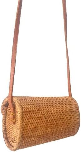 Authentic Handmade Rattan Bali Indonesia Women Beach Hobo Shoulder Bag Purse with Leather Strap and Bonus Rattan Round Drink Natural Coaster in Saudi Arabia