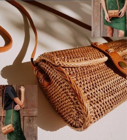 Authentic Handmade Rattan Bali Indonesia Women Beach Hobo Shoulder Bag Purse with Leather Strap and Bonus Rattan Round Drink Natural Coaster in Saudi Arabia