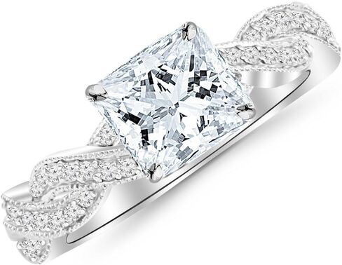 14K White Gold 1.25 Carat LAB GROWN DIAMOND Vintage Eternity Love Twisting Split Shank Princess Cut Diamond Engagement Ring With Milgrain (G-H Color VS2-SI1 Clarity 0.75 Ct Center) in Saudi Arabia