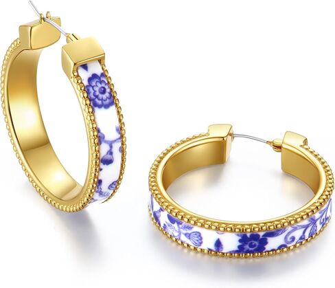 Zephyrienne Chunky Blue and White Porcelain Hoop Earrings for Women – Hand-Painted Statement Earrings with 18K Gold, Artistic Vintage Jewelry, Luxury Gift (Cerulean) in Saudi Arabia