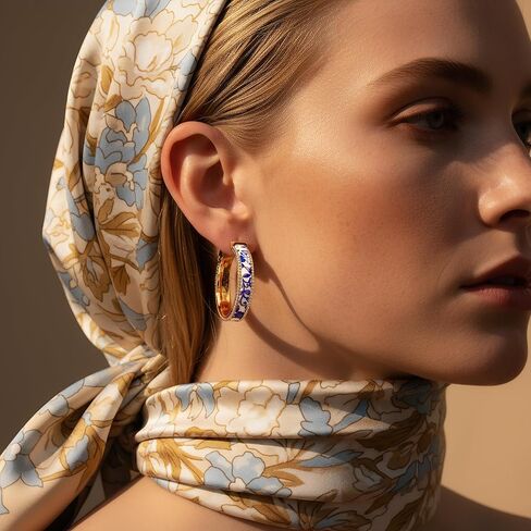 Zephyrienne Chunky Blue and White Porcelain Hoop Earrings for Women – Hand-Painted Statement Earrings with 18K Gold, Artistic Vintage Jewelry, Luxury Gift (Cerulean) in Saudi Arabia