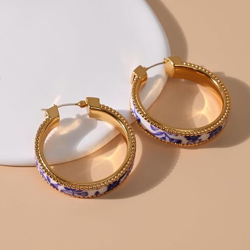Zephyrienne Chunky Blue and White Porcelain Hoop Earrings for Women – Hand-Painted Statement Earrings with 18K Gold, Artistic Vintage Jewelry, Luxury Gift (Cerulean) in Saudi Arabia