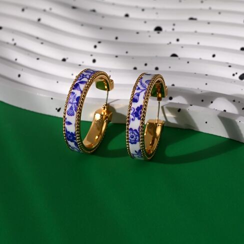 Zephyrienne Chunky Blue and White Porcelain Hoop Earrings for Women – Hand-Painted Statement Earrings with 18K Gold, Artistic Vintage Jewelry, Luxury Gift (Cerulean) in Saudi Arabia